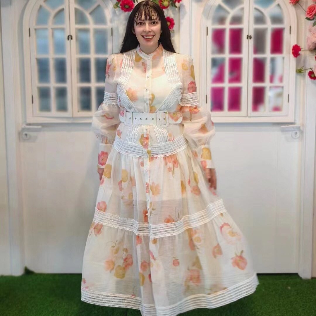 Zim** Linen colorful flower print Pearl button collar waist long sleeve dress with belt and suspender lining, white