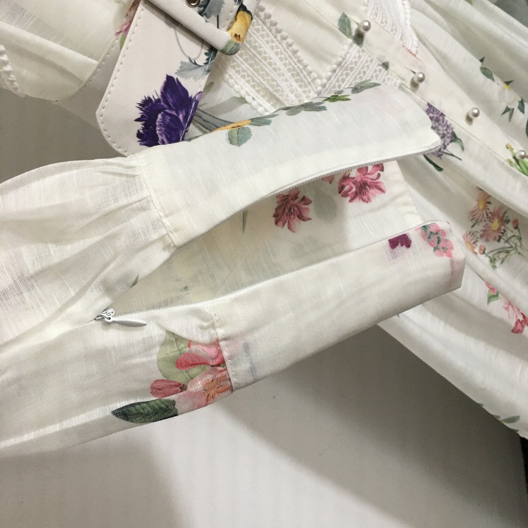 Zim** Linen colorful flower print Pearl button collar waist long sleeve dress with belt and suspender lining, white