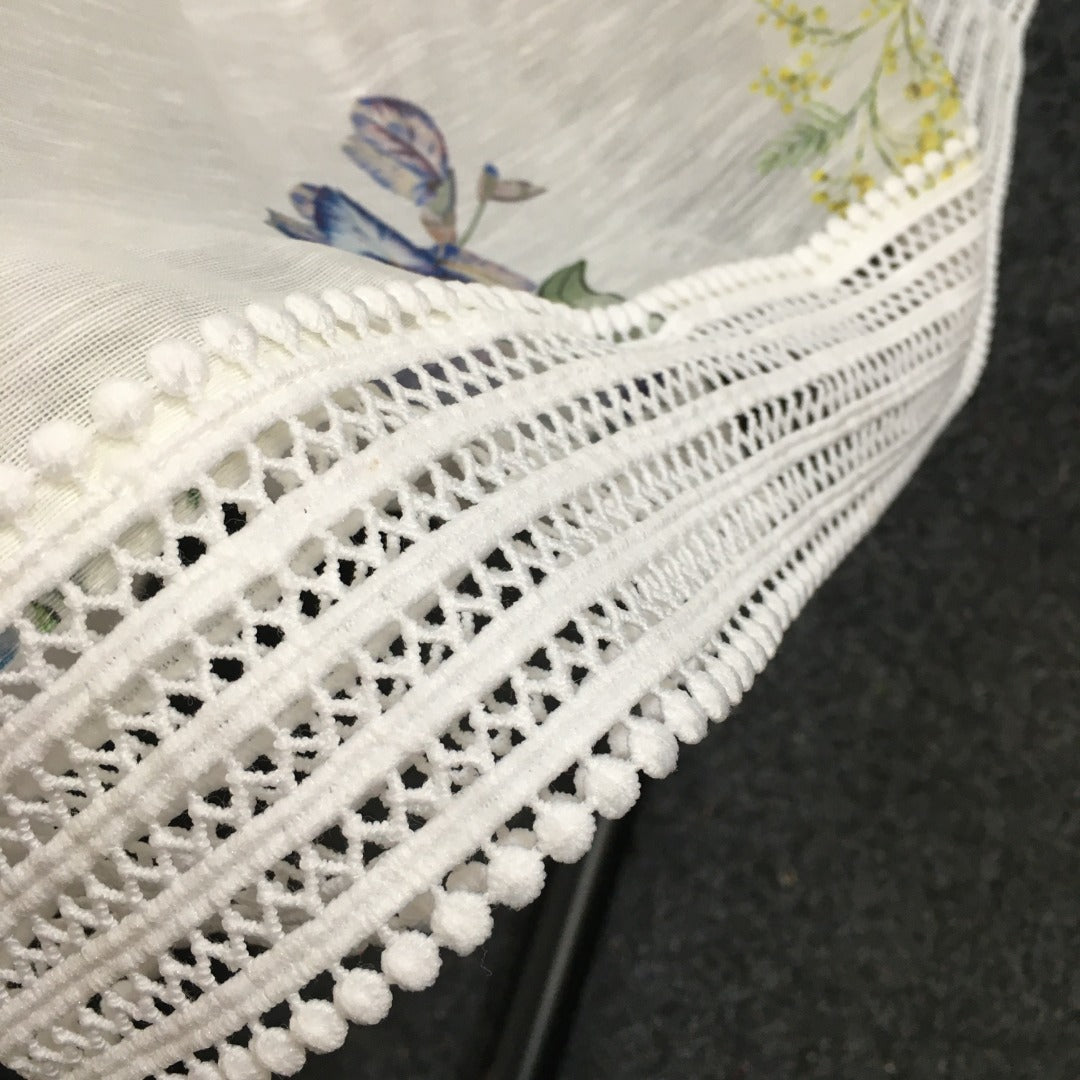 Zim** Linen colorful flower print Pearl button collar waist long sleeve dress with belt and suspender lining, white