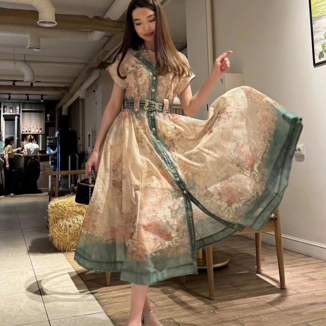 Zim** printed lapel waist short-sleeved dress with belt and suspender lining, green,