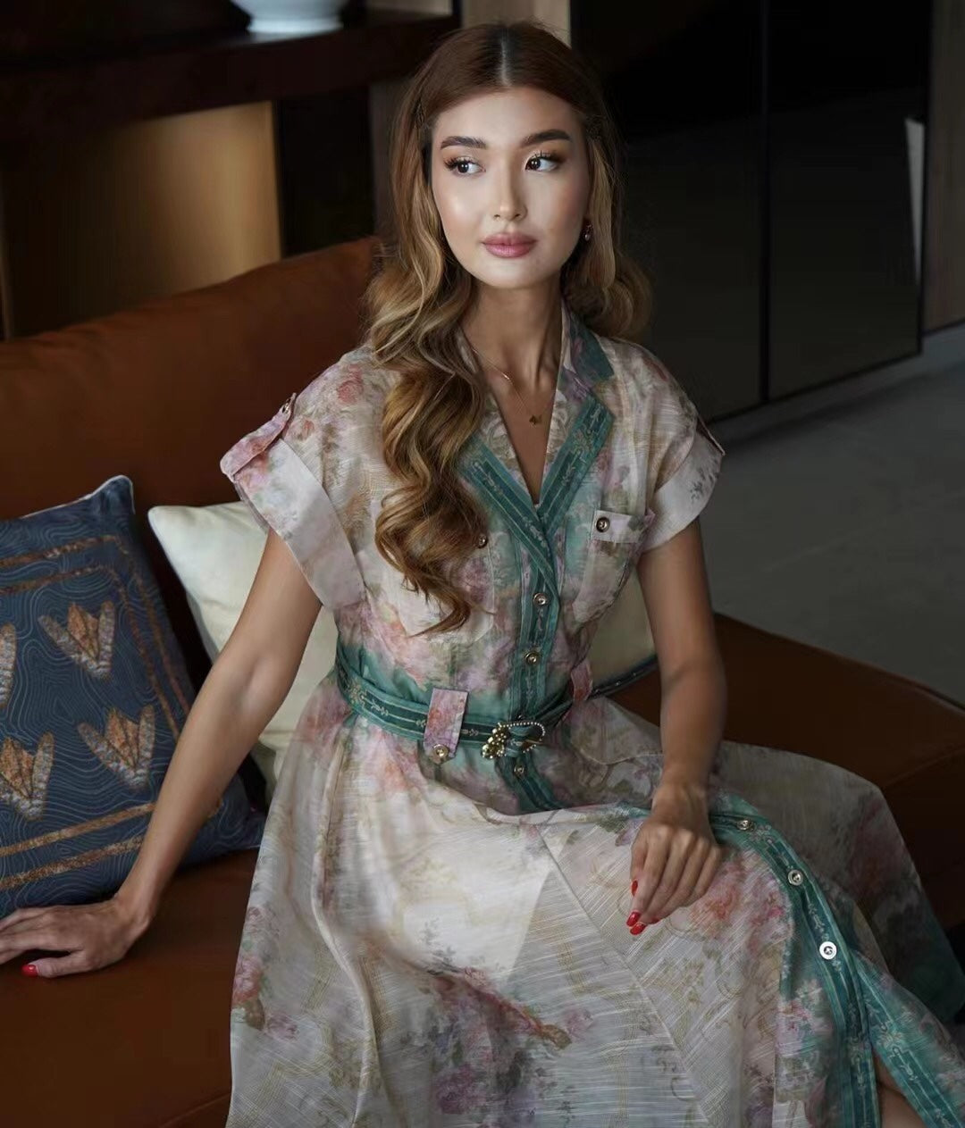 Zim** printed lapel waist short-sleeved dress with belt and suspender lining, green,