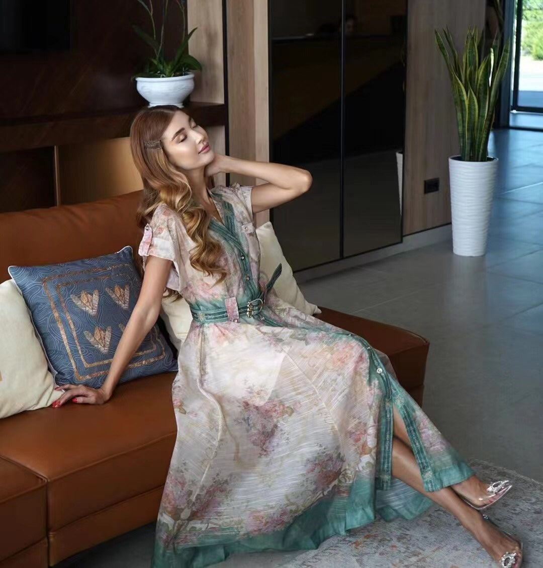 Zim** printed lapel waist short-sleeved dress with belt and suspender lining, green,