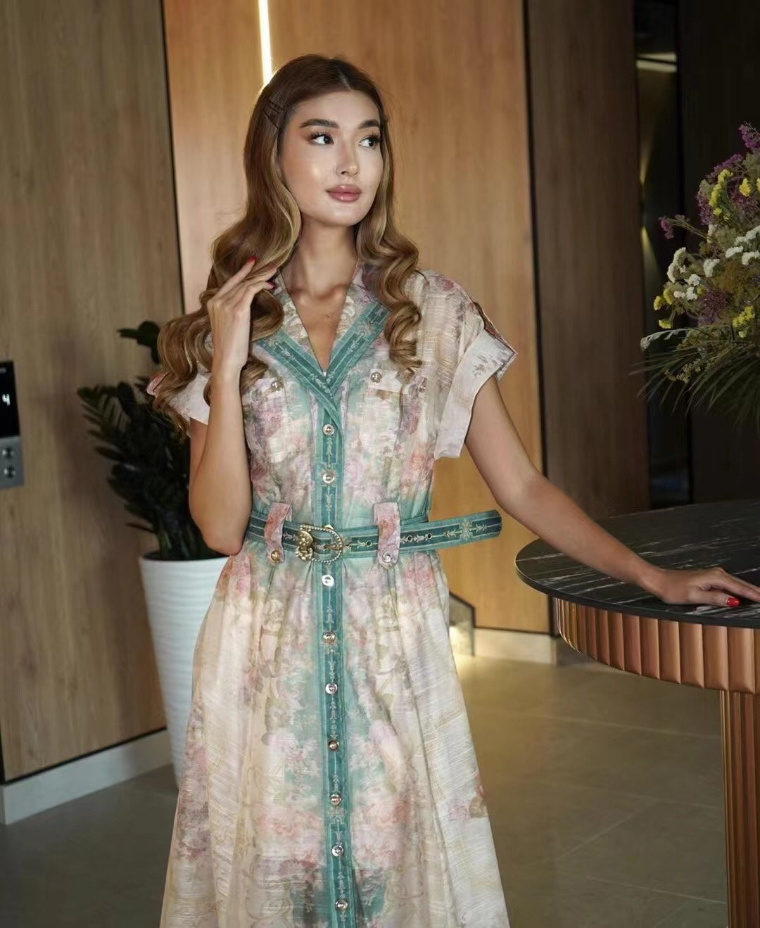 Zim** printed lapel waist short-sleeved dress with belt and suspender lining, green,