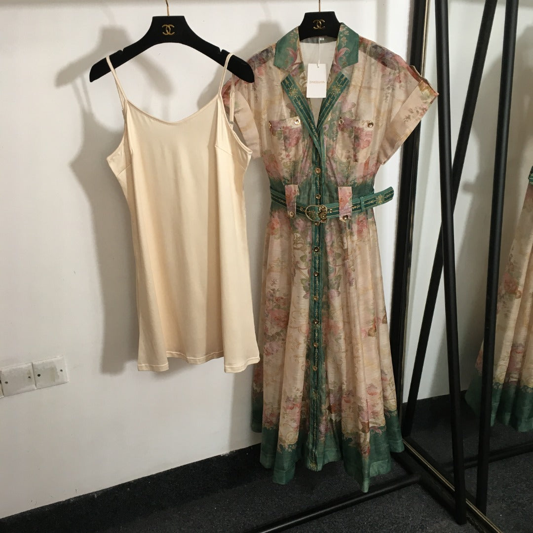 Zim** printed lapel waist short-sleeved dress with belt and suspender lining, green,