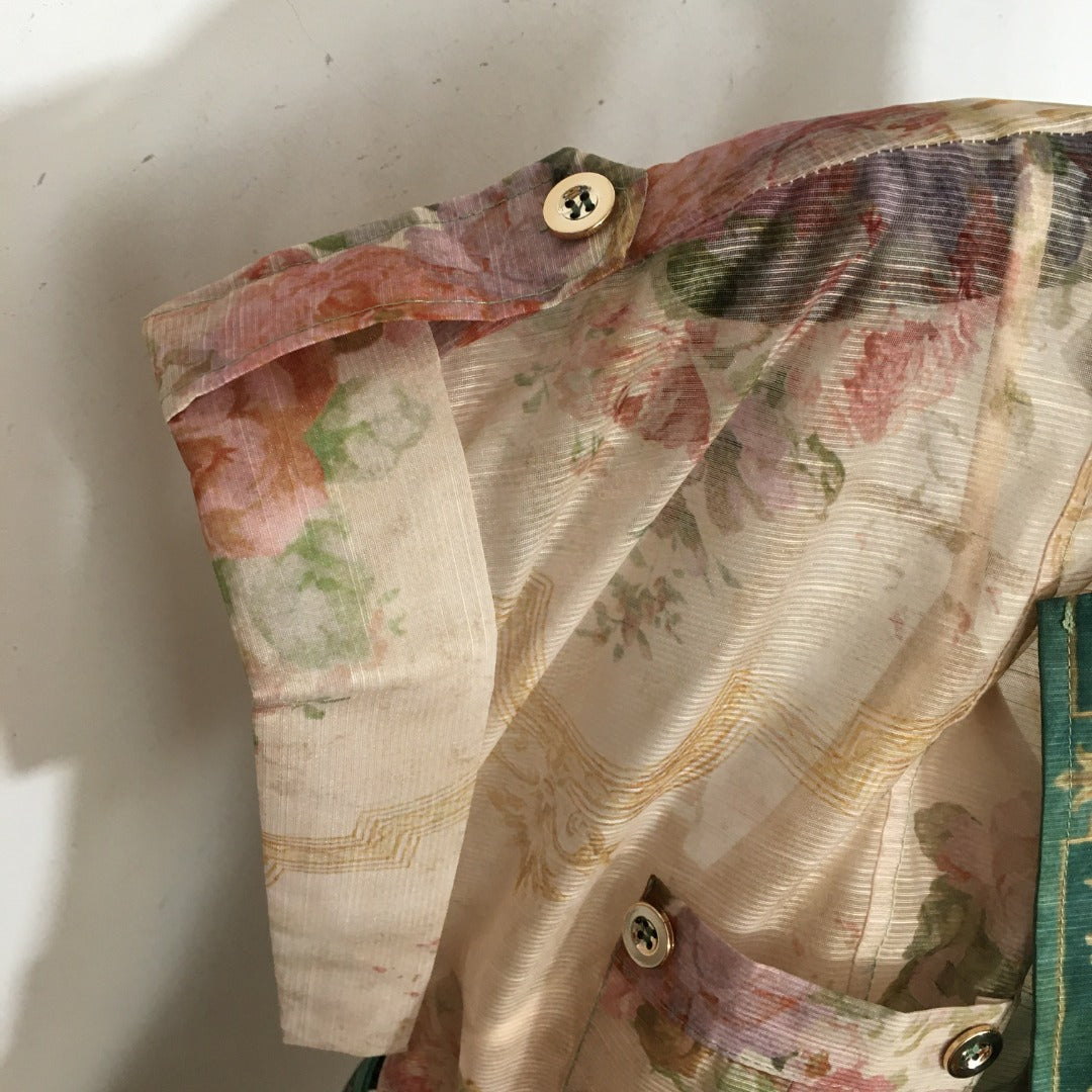 Zim** printed lapel waist short-sleeved dress with belt and suspender lining, green,