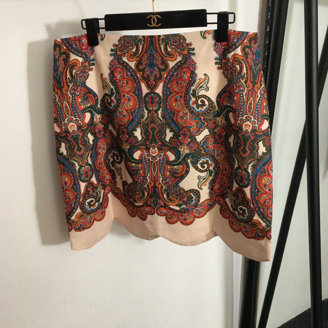 Zim** new suit, retro pattern printed long-sleeved shirt + wavy short skirt,