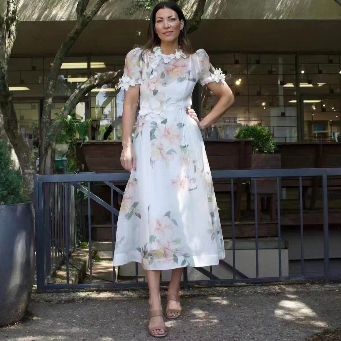 Zim** new three-dimensional flower decoration pink flower print tie waist short sleeve dress