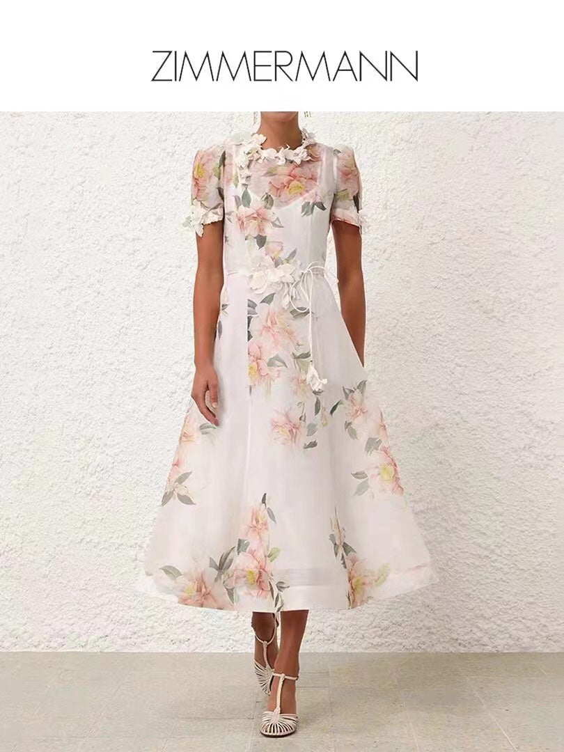 Zim** new three-dimensional flower decoration pink flower print tie waist short sleeve dress