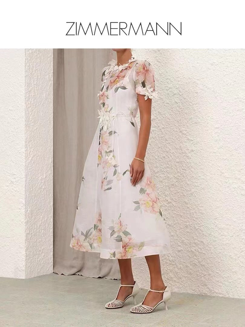 Zim** new three-dimensional flower decoration pink flower print tie waist short sleeve dress