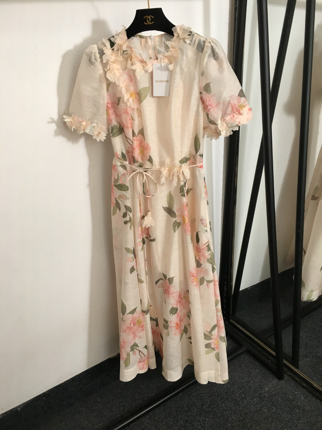 Zim** new three-dimensional flower decoration pink flower print tie waist short sleeve dress