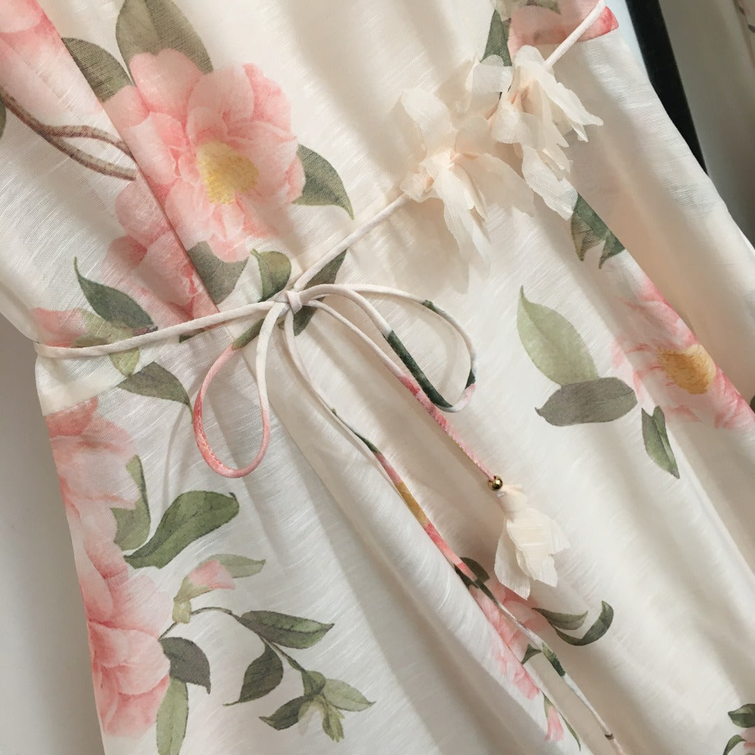 Zim** new three-dimensional flower decoration pink flower print tie waist short sleeve dress