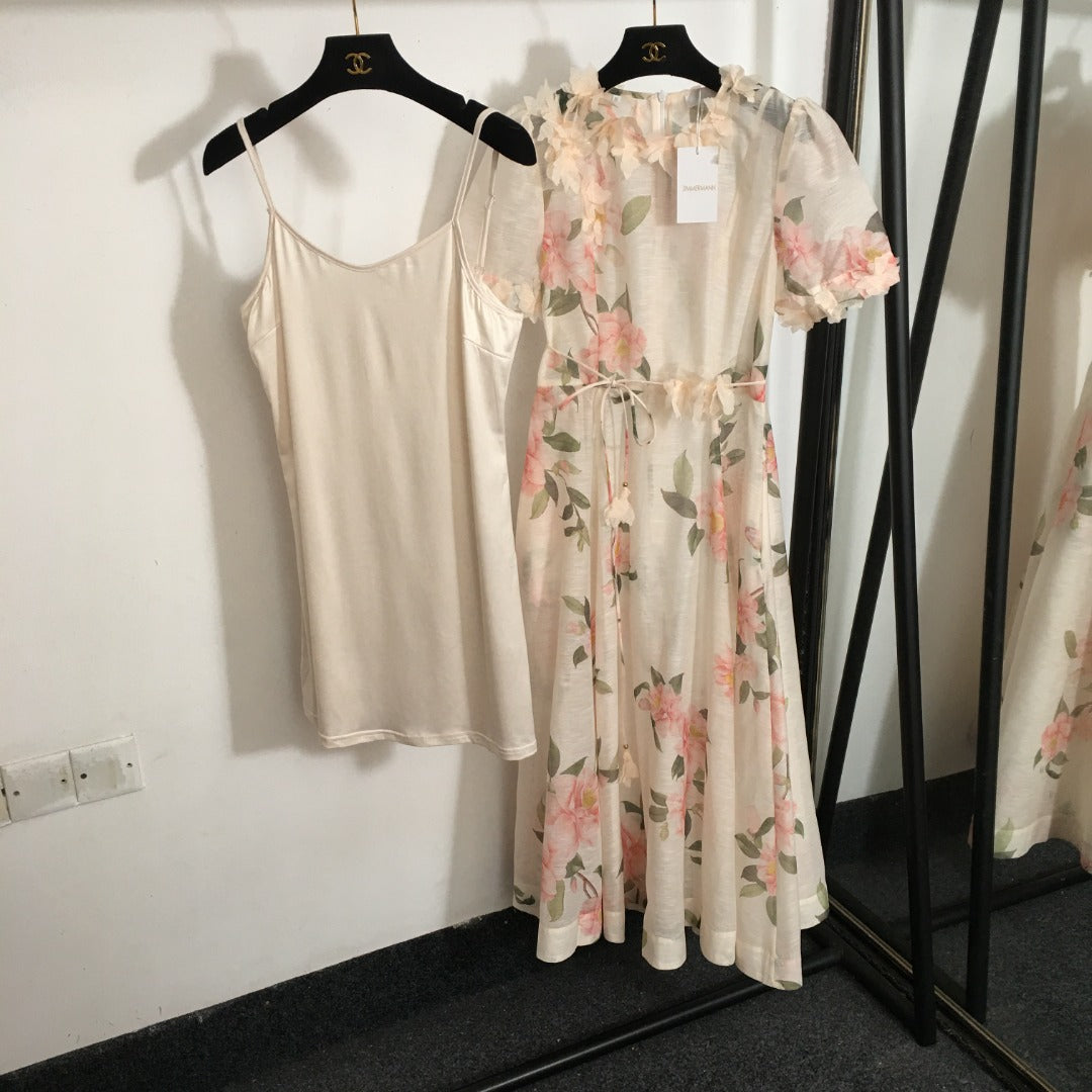 Zim** new three-dimensional flower decoration pink flower print tie waist short sleeve dress