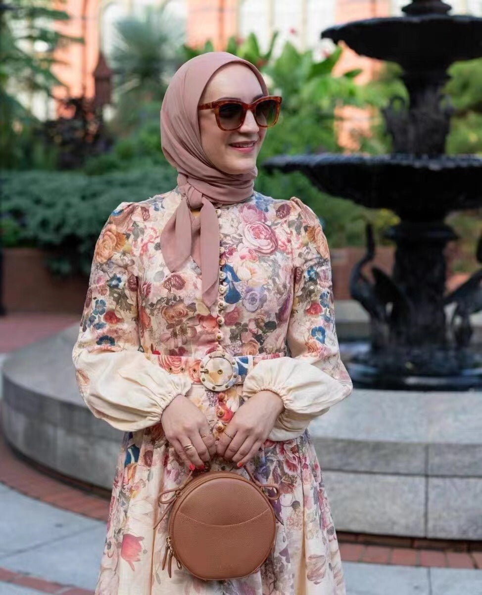 Zimmermann's newest rose flower print long-sleeved dress with belt, pink