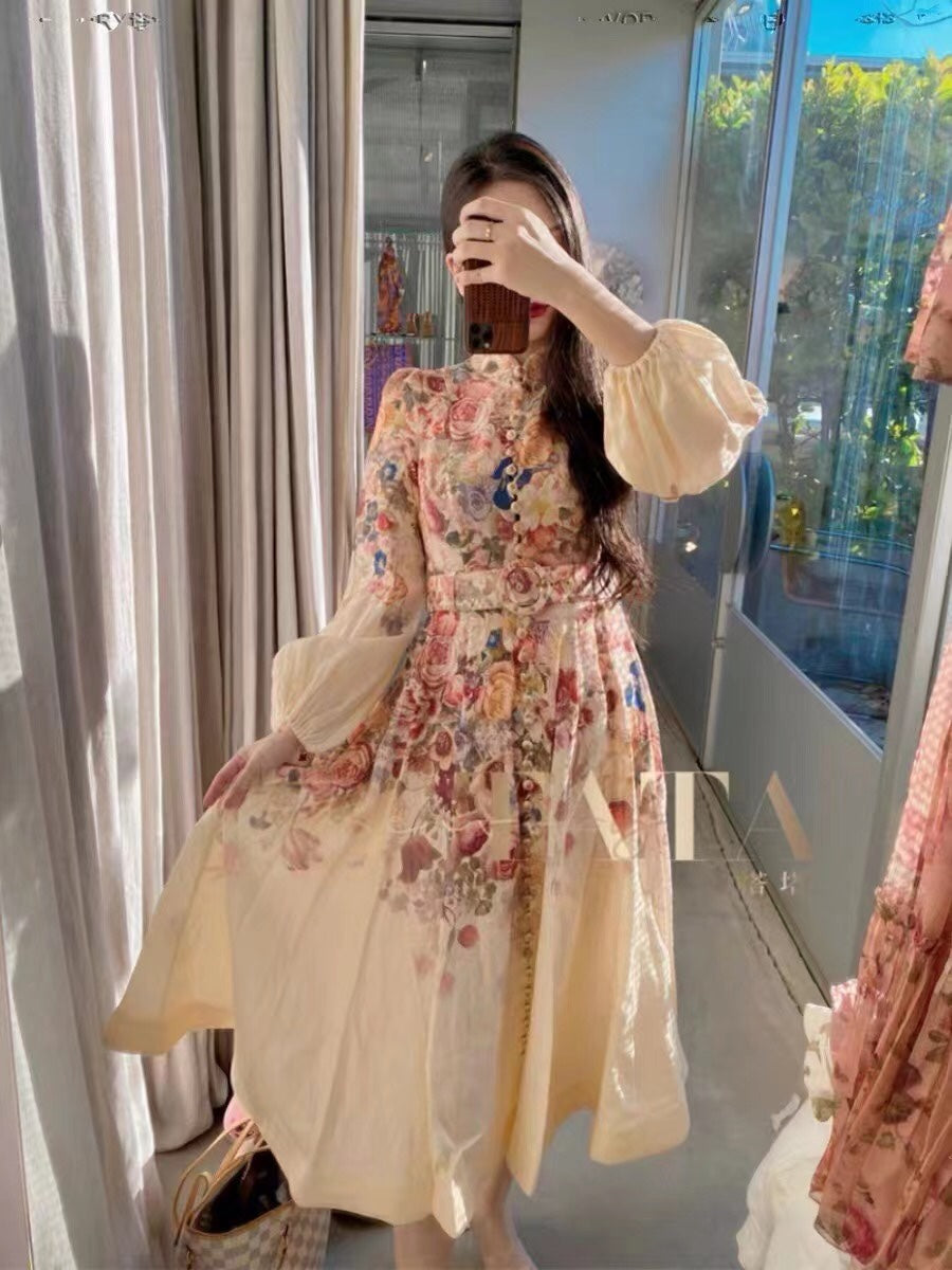 Zimmermann's newest rose flower print long-sleeved dress with belt, pink