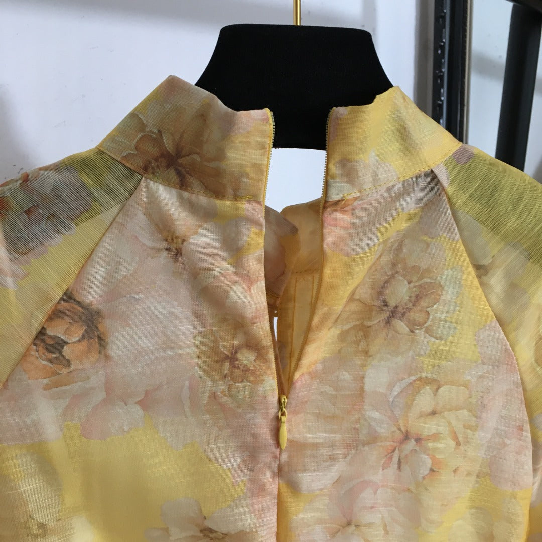 Zimmermann's newest floral print tie waist lantern long sleeve dress long skirt with suspender lining, yellow