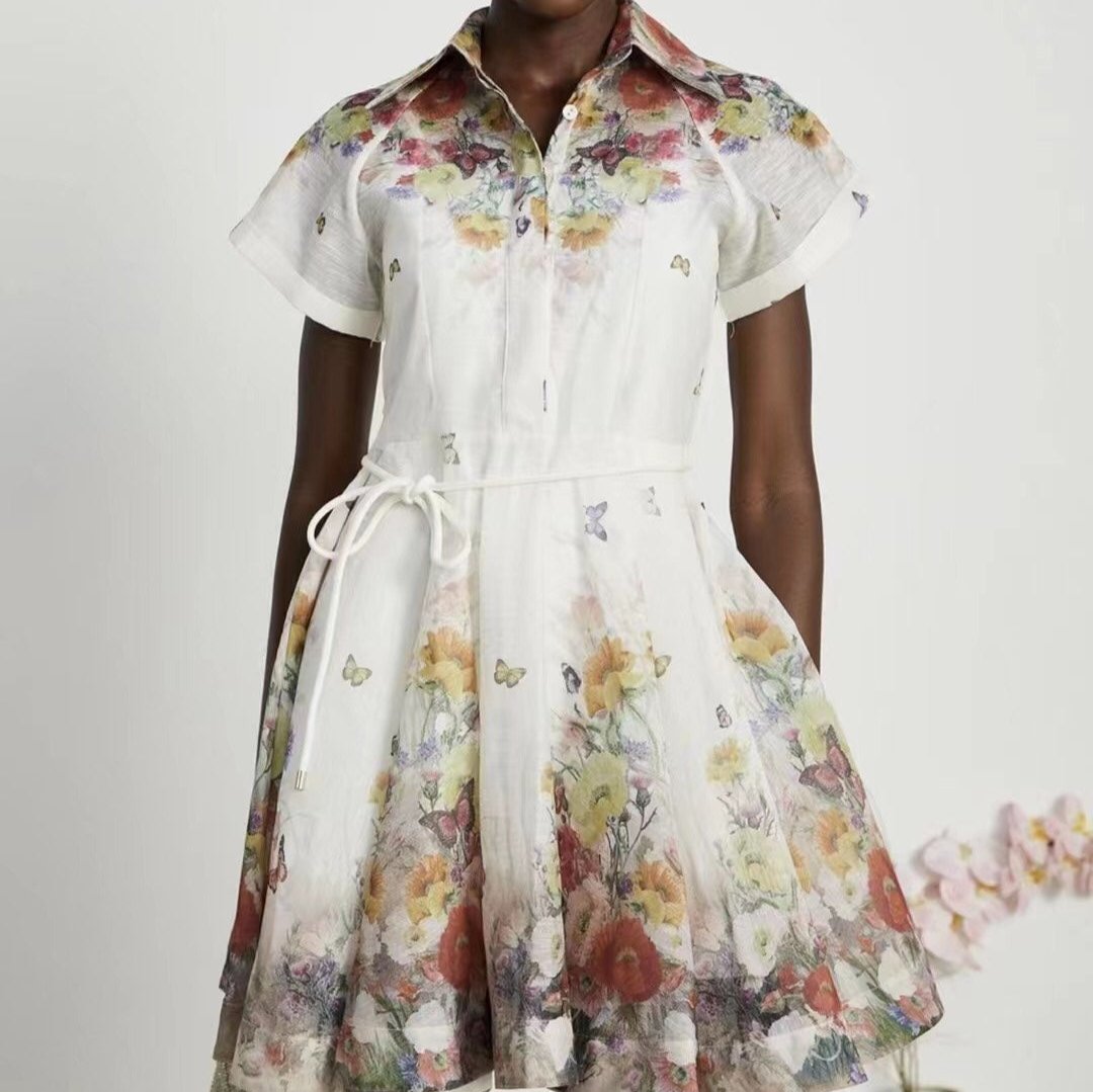 Zimmerma** new style colorful flower print tie waist lapel short sleeve dress