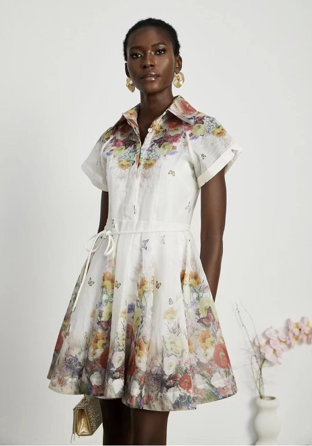 Zimmerma** new style colorful flower print tie waist lapel short sleeve dress