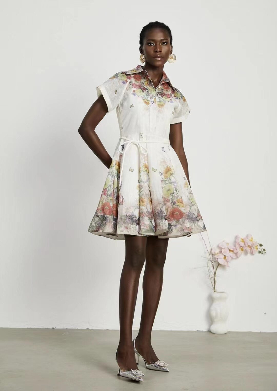 Zimmerma** new style colorful flower print tie waist lapel short sleeve dress