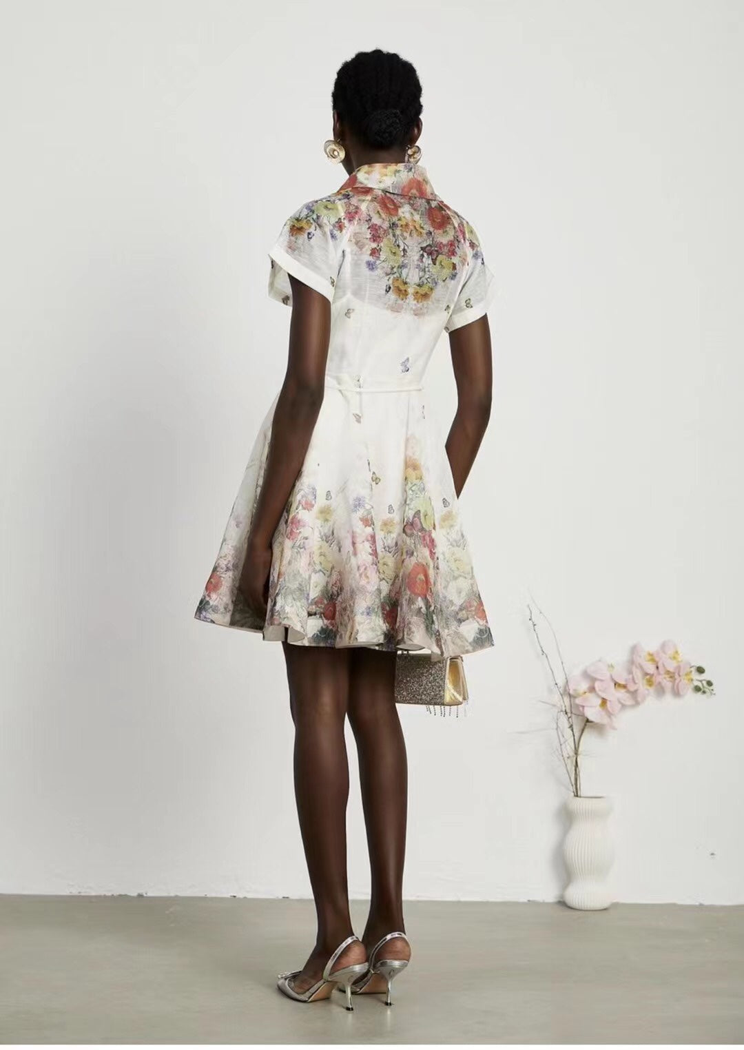 Zimmerma** new style colorful flower print tie waist lapel short sleeve dress