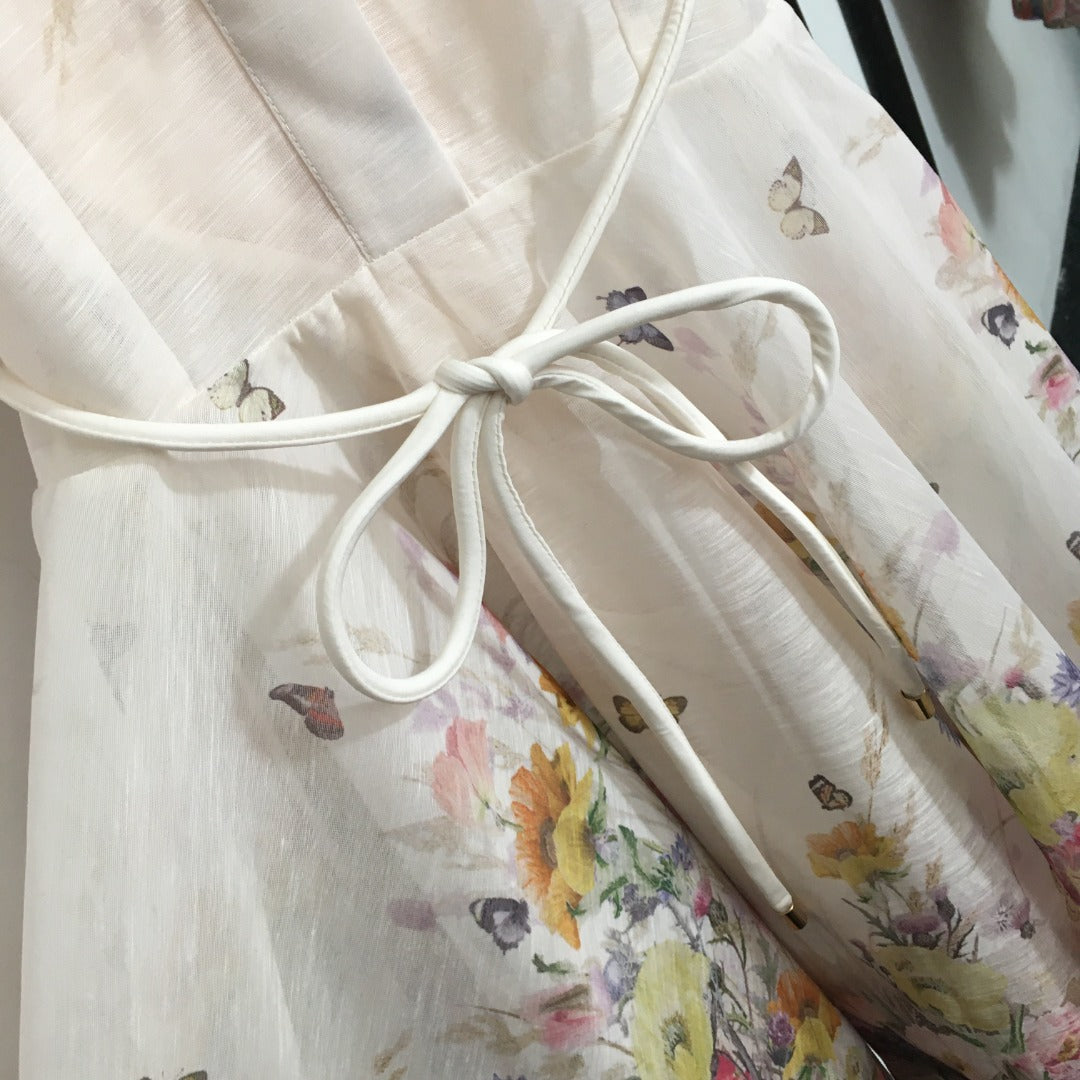 Zimmerma** new style colorful flower print tie waist lapel short sleeve dress