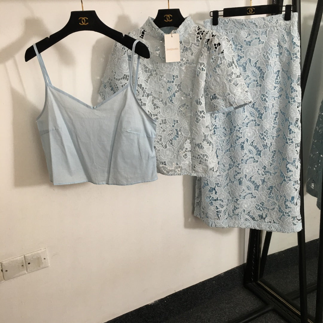 ZIM****-New style suit, lace hollow slim short-sleeved top + elegant lace skirt, with suspender lining