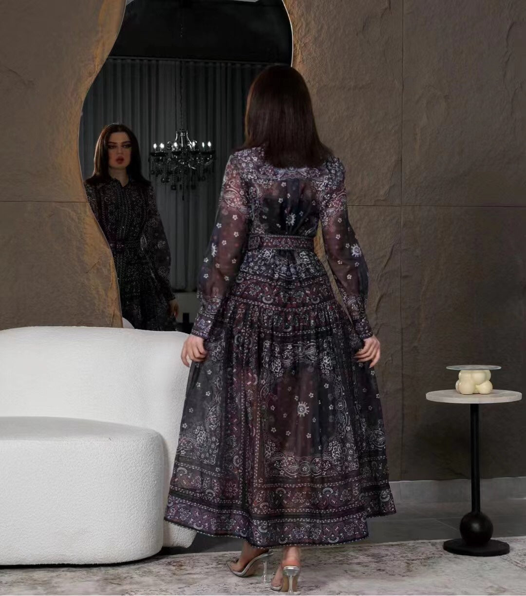 ZIM****-New suit, retro pattern linen print, lapel waist long sleeve dress, long skirt, with belt, suspender lining