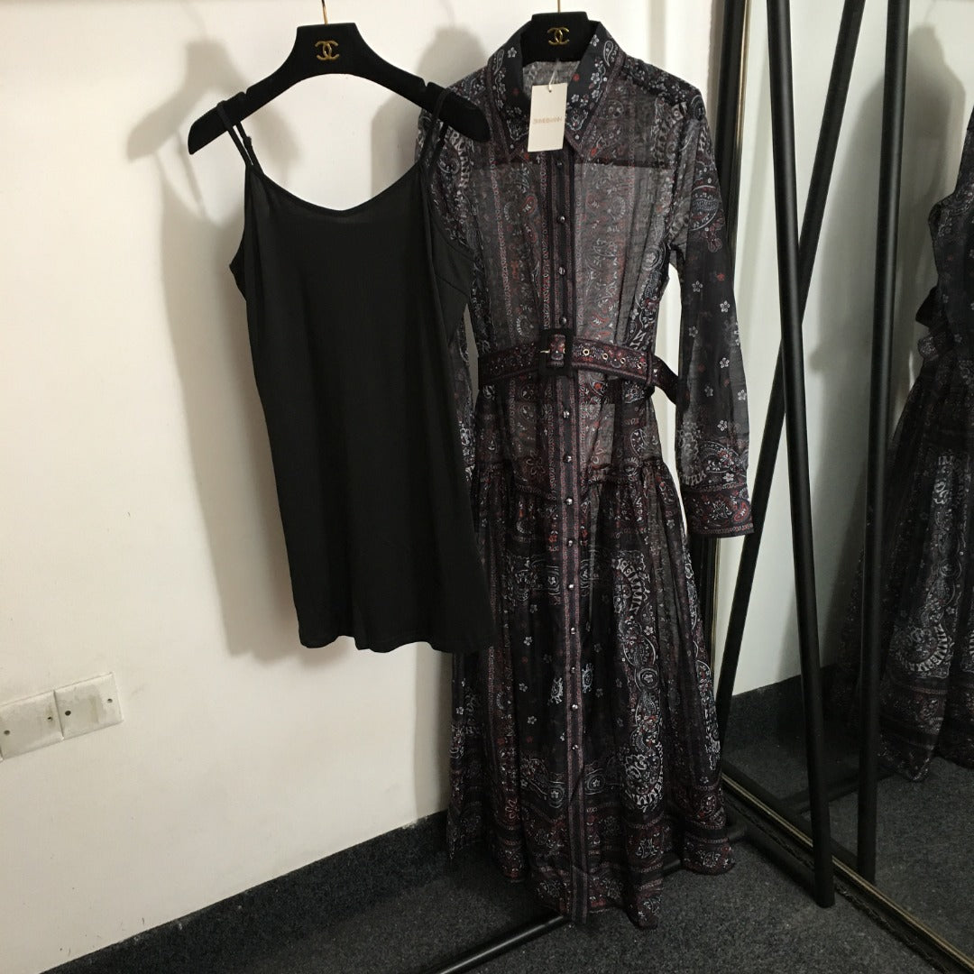 ZIM****-New suit, retro pattern linen print, lapel waist long sleeve dress, long skirt, with belt, suspender lining