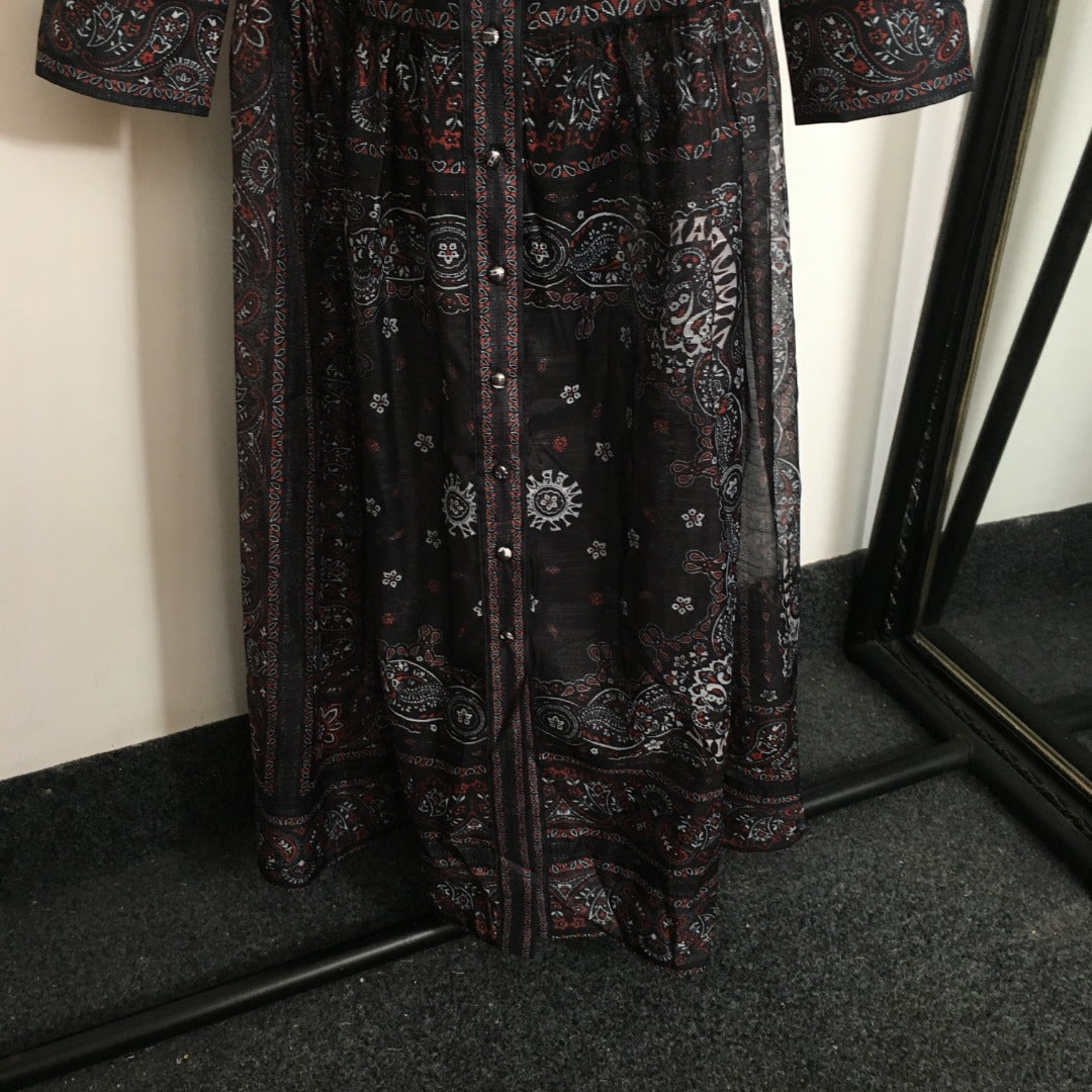 ZIM****-New suit, retro pattern linen print, lapel waist long sleeve dress, long skirt, with belt, suspender lining