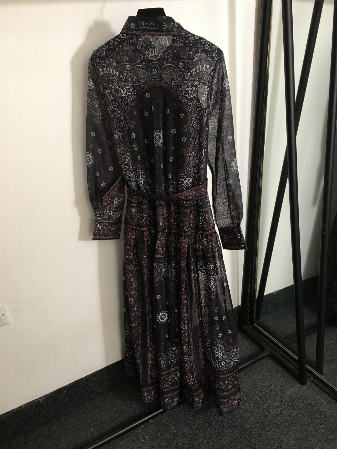 ZIM****-New suit, retro pattern linen print, lapel waist long sleeve dress, long skirt, with belt, suspender lining