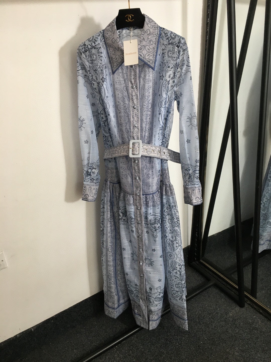 ZIM****-New suit, retro pattern linen print, lapel waist long sleeve dress, long skirt, with belt, suspender lining