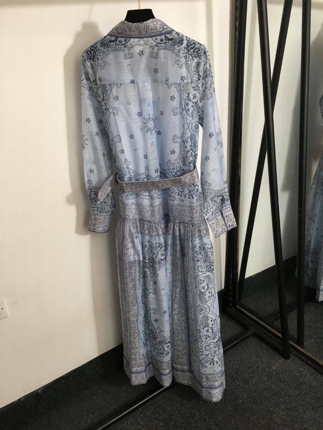 ZIM****-New suit, retro pattern linen print, lapel waist long sleeve dress, long skirt, with belt, suspender lining