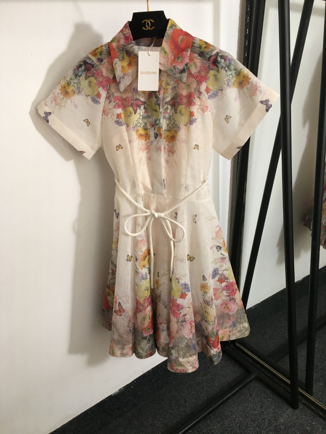 ZIM****-New Style Colorful Flower Print Lace-up Waist Lapel Short Sleeve Dress with Suspender Lining