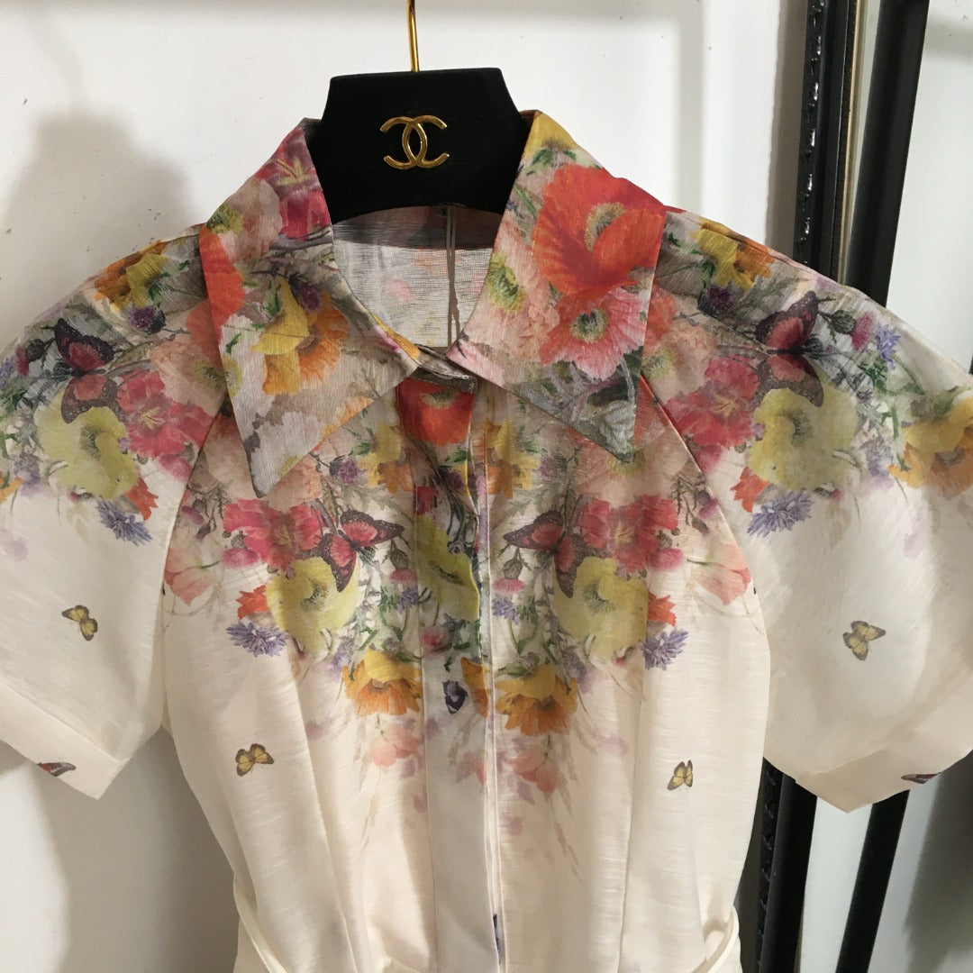 ZIM****-New Style Colorful Flower Print Lace-up Waist Lapel Short Sleeve Dress with Suspender Lining