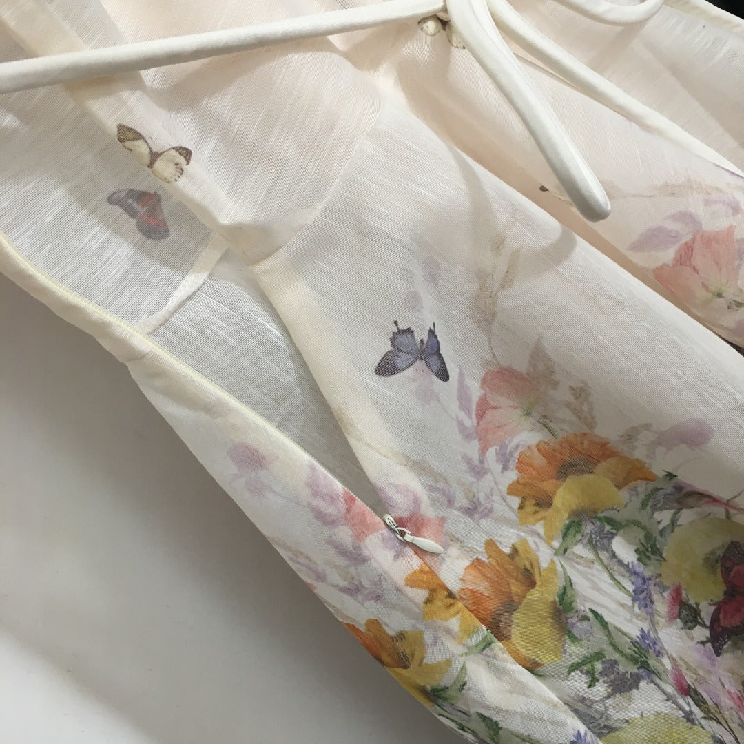 ZIM****-New Style Colorful Flower Print Lace-up Waist Lapel Short Sleeve Dress with Suspender Lining