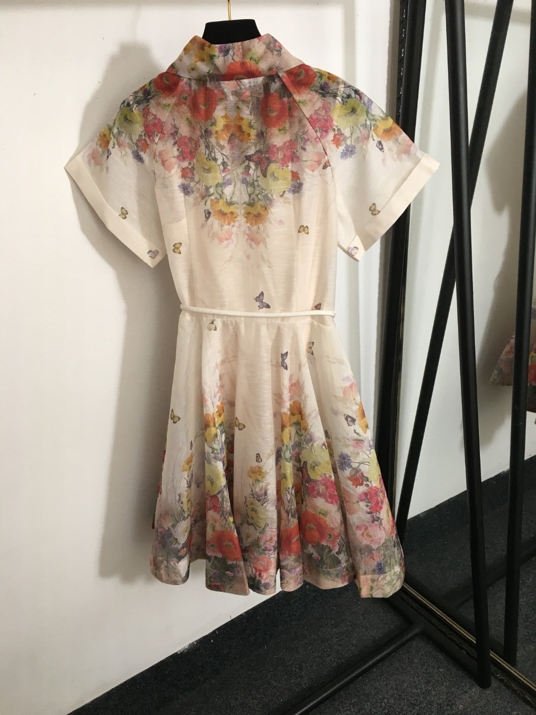 ZIM****-New Style Colorful Flower Print Lace-up Waist Lapel Short Sleeve Dress with Suspender Lining
