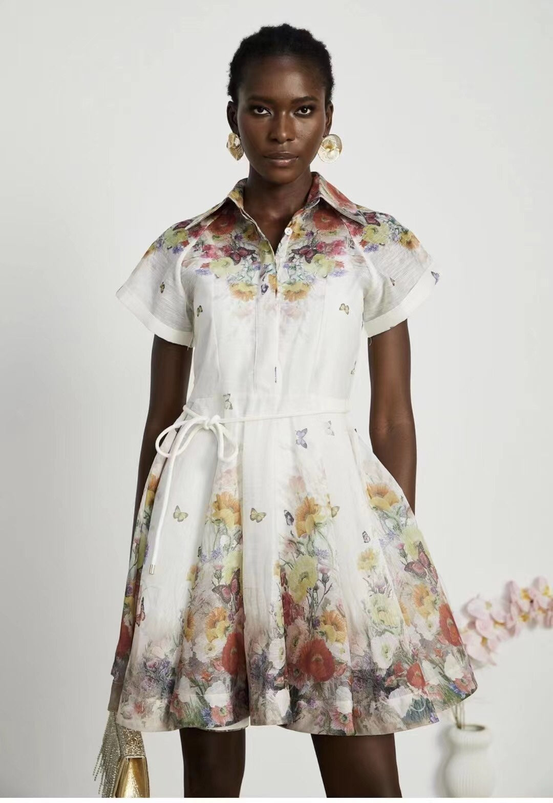 ZIM****-New Style Colorful Flower Print Lace-up Waist Lapel Short Sleeve Dress with Suspender Lining