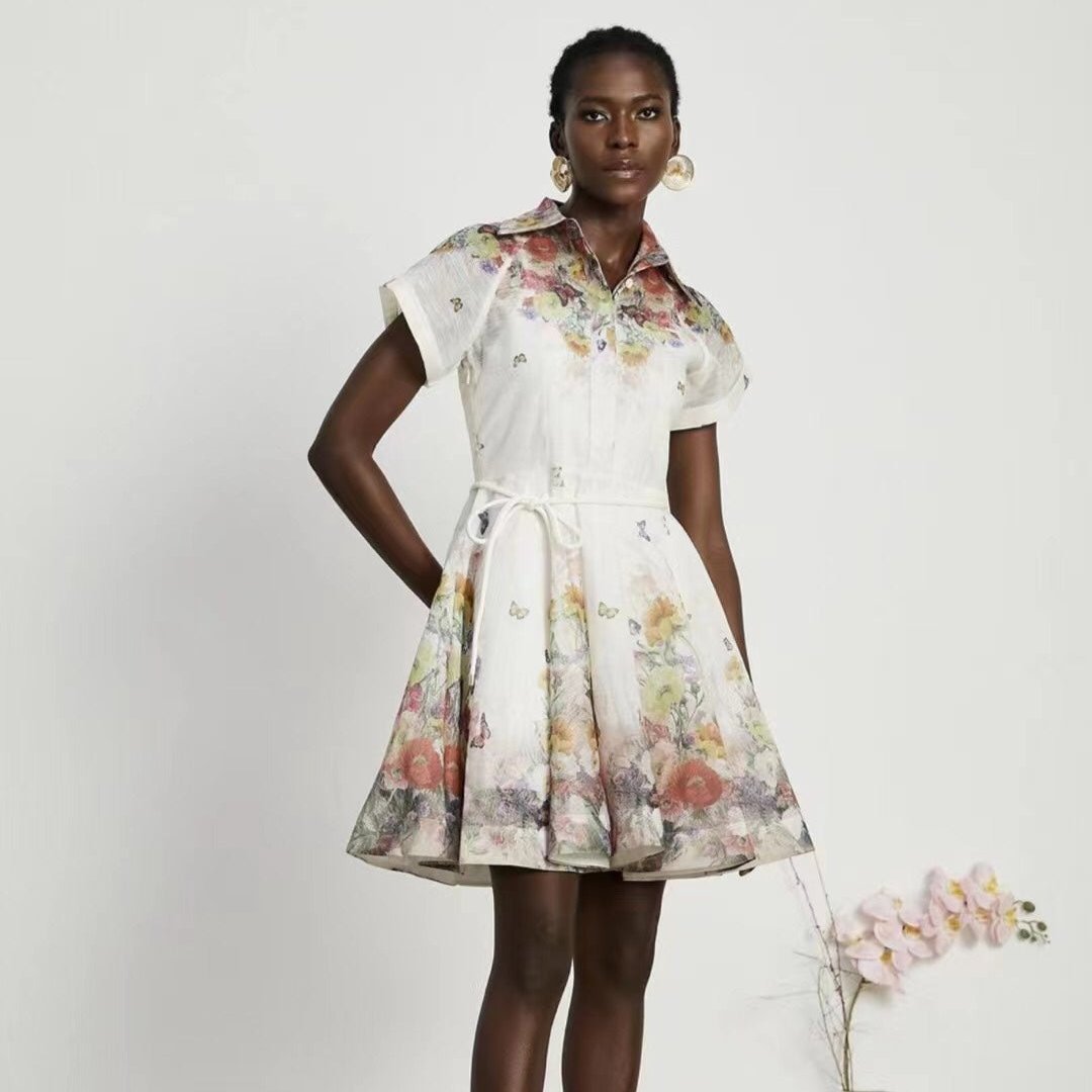 ZIM****-New Style Colorful Flower Print Lace-up Waist Lapel Short Sleeve Dress with Suspender Lining