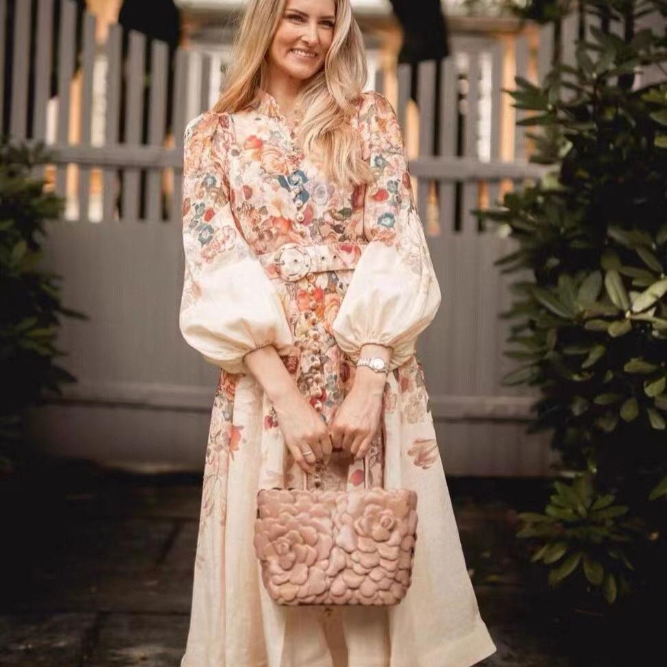 ZIM****-Rose flower print lantern long-sleeved dress with belt, pink