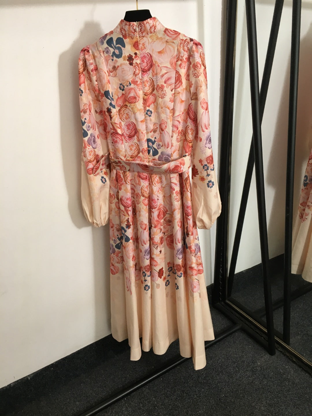 ZIM****-Rose flower print lantern long-sleeved dress with belt, pink