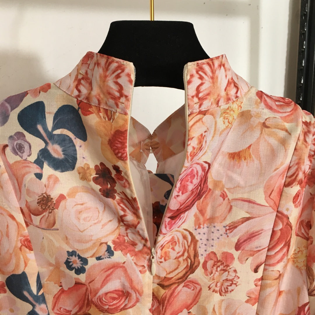 ZIM****-Rose flower print lantern long-sleeved dress with belt, pink