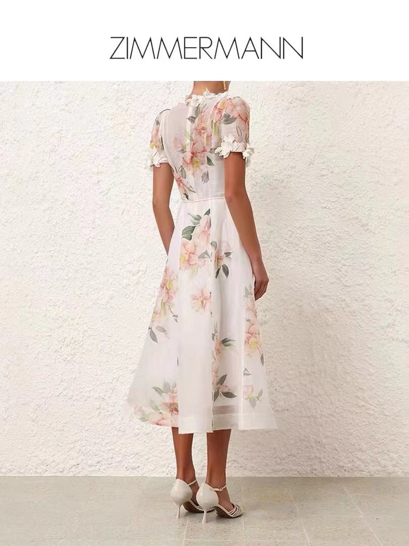 ZIM****-Three-dimensional flower decoration, pink flower print, short-sleeved dress with tie waist