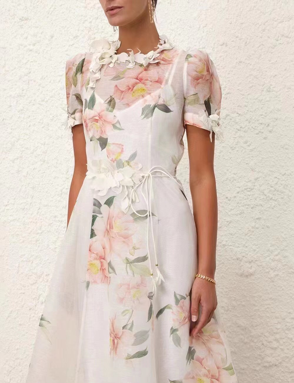ZIM****-Three-dimensional flower decoration, pink flower print, short-sleeved dress with tie waist