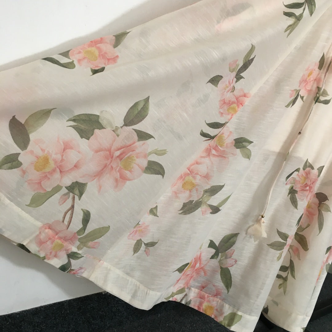 ZIM****-Three-dimensional flower decoration, pink flower print, short-sleeved dress with tie waist