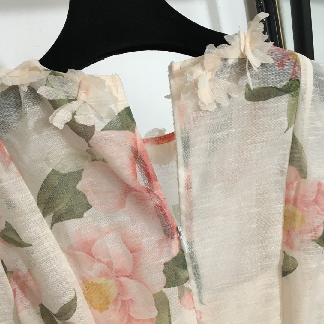 ZIM****-Three-dimensional flower decoration, pink flower print, short-sleeved dress with tie waist