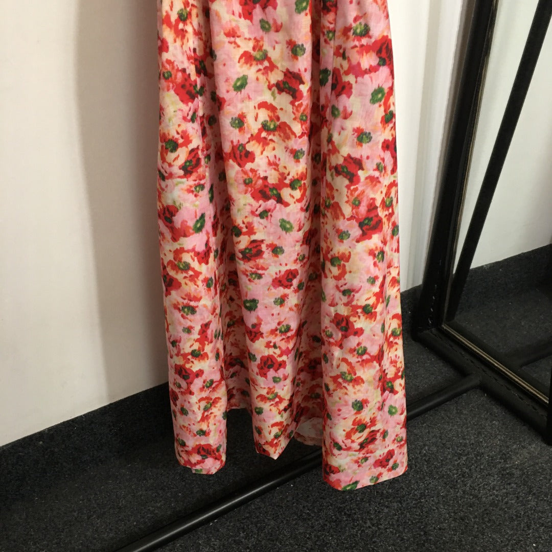 ZIM****-New Elegant Temperament Small Floral Bowknot Backless Waist Slimming Bubble Short Sleeve Dress