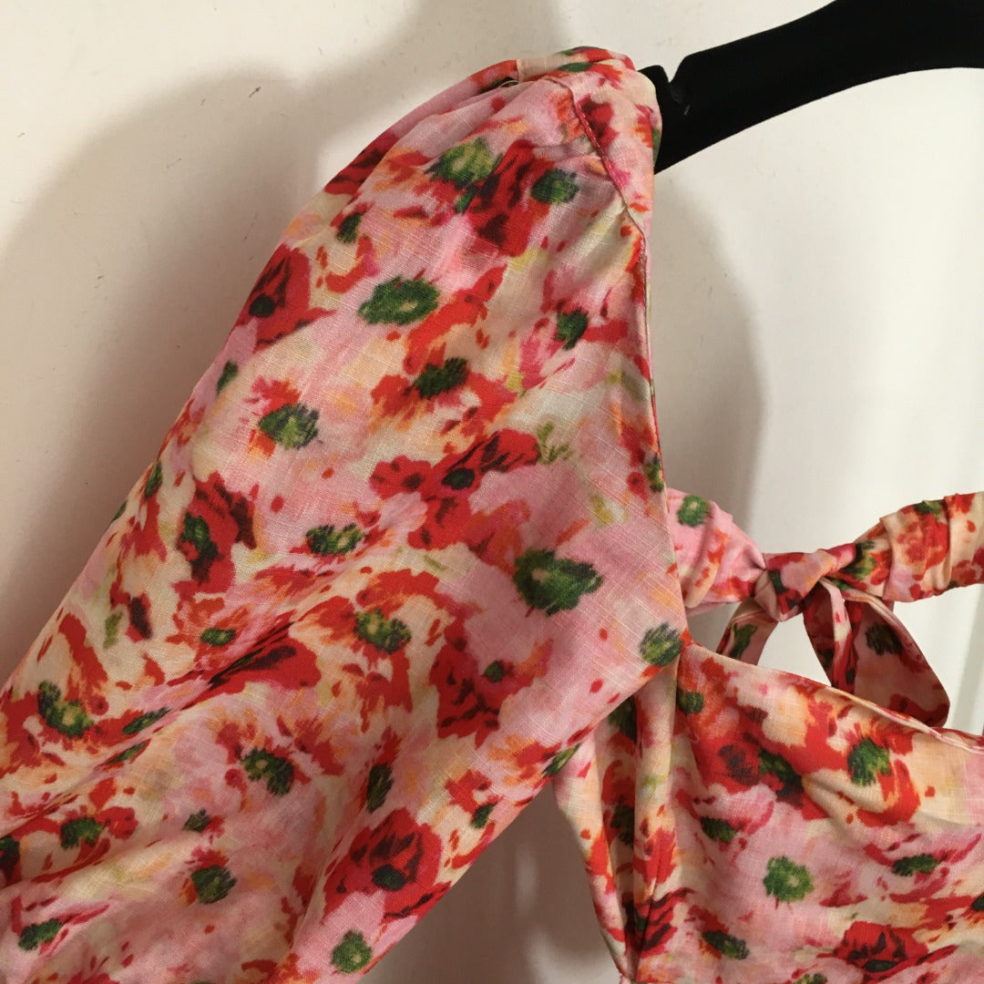 ZIM****-New Elegant Temperament Small Floral Bowknot Backless Waist Slimming Bubble Short Sleeve Dress