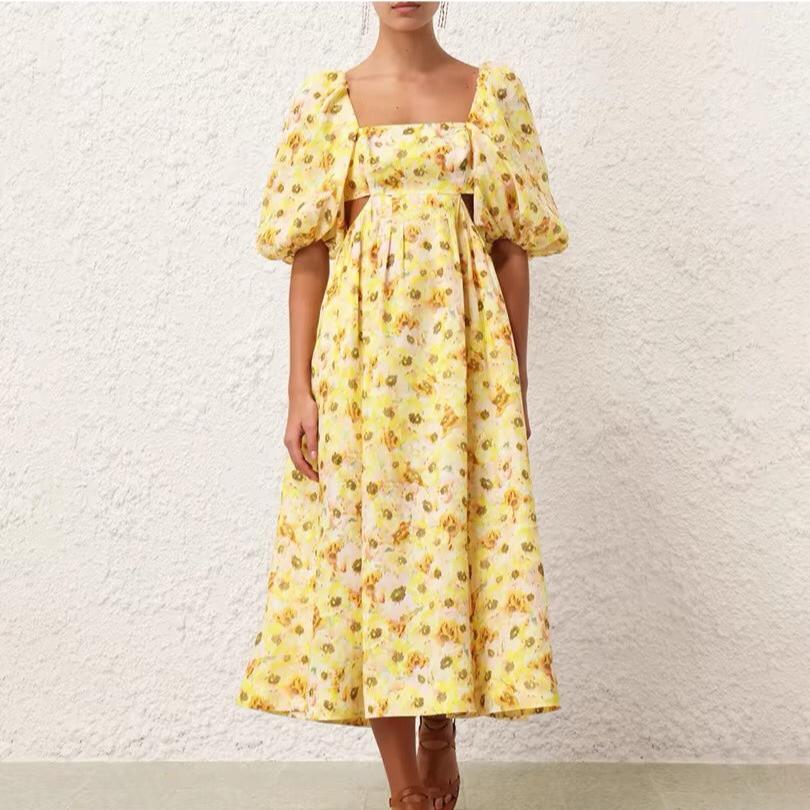 ZIM****-New Elegant Temperament Small Floral Bowknot Backless Waist Slimming Bubble Short Sleeve Dress