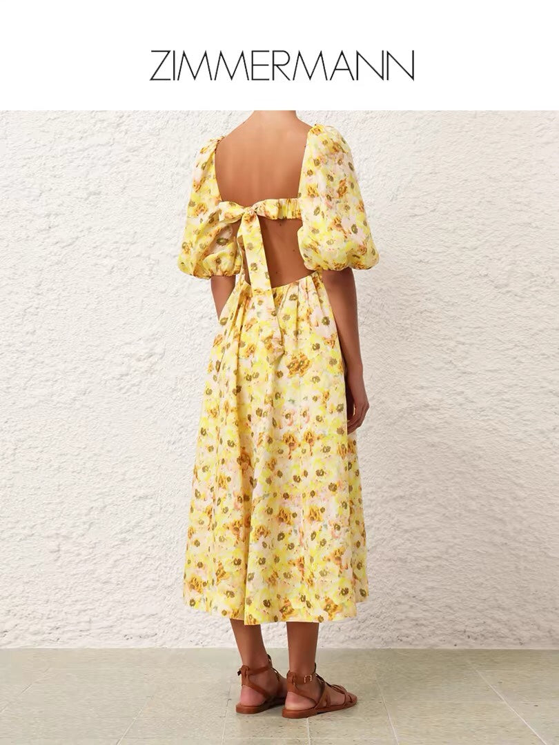 ZIM****-New Elegant Temperament Small Floral Bowknot Backless Waist Slimming Bubble Short Sleeve Dress