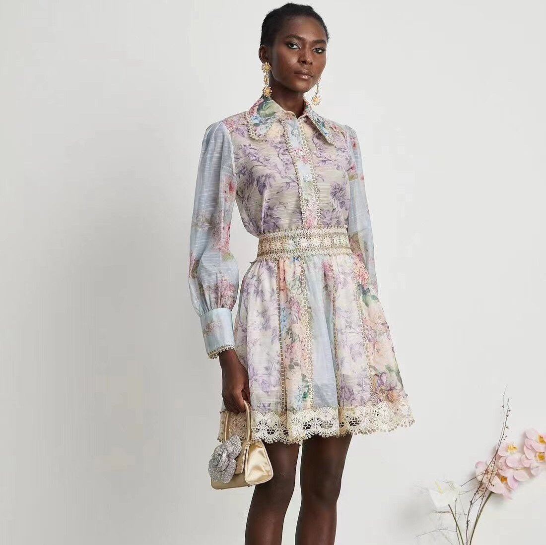 ZIM****-New suit, diamond button lace lapel long-sleeved shirt + lace short skirt