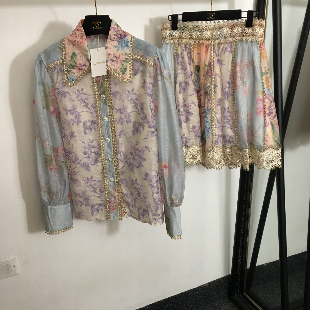 ZIM****-New suit, diamond button lace lapel long-sleeved shirt + lace short skirt